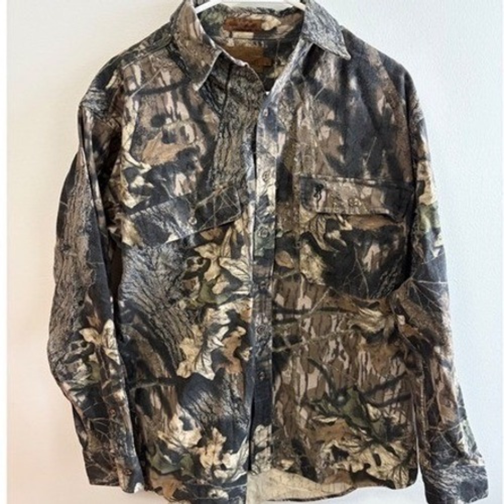 Vintage 90s Browning Camouflage Fleece Long Sleeve Button Up Shirt Men's L